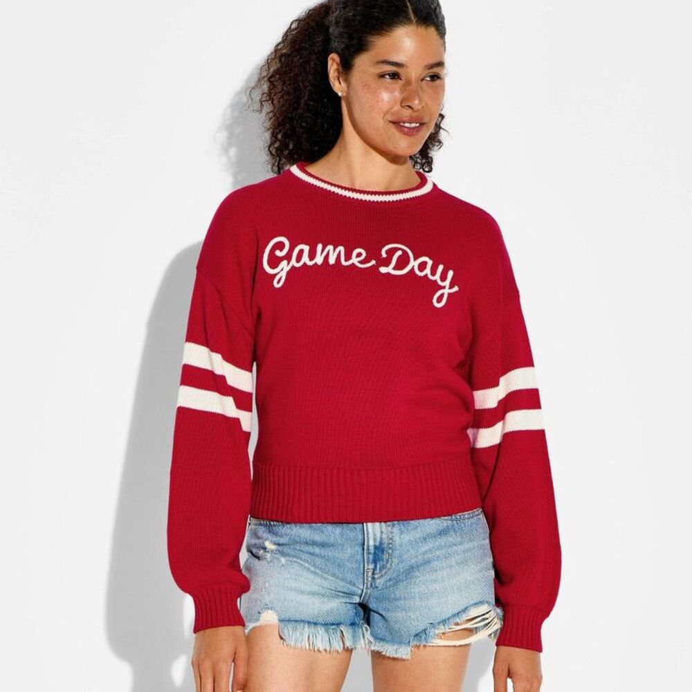 Women's Game Day Chain Stitch Long Sleeve Sweater - Wild Fable Red XL